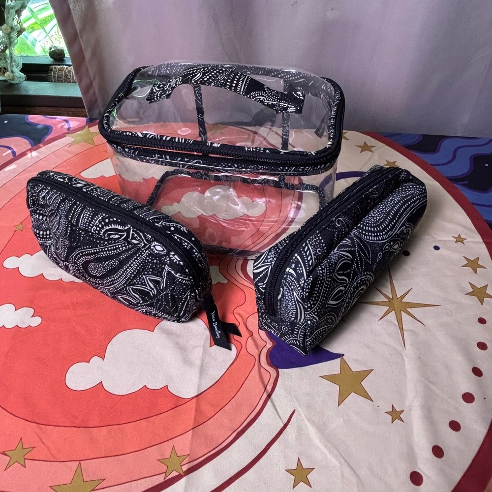 Vera Bradley 3 Piece Cosmetic Bag Set Black Paisley Clear Case Pouches Travel